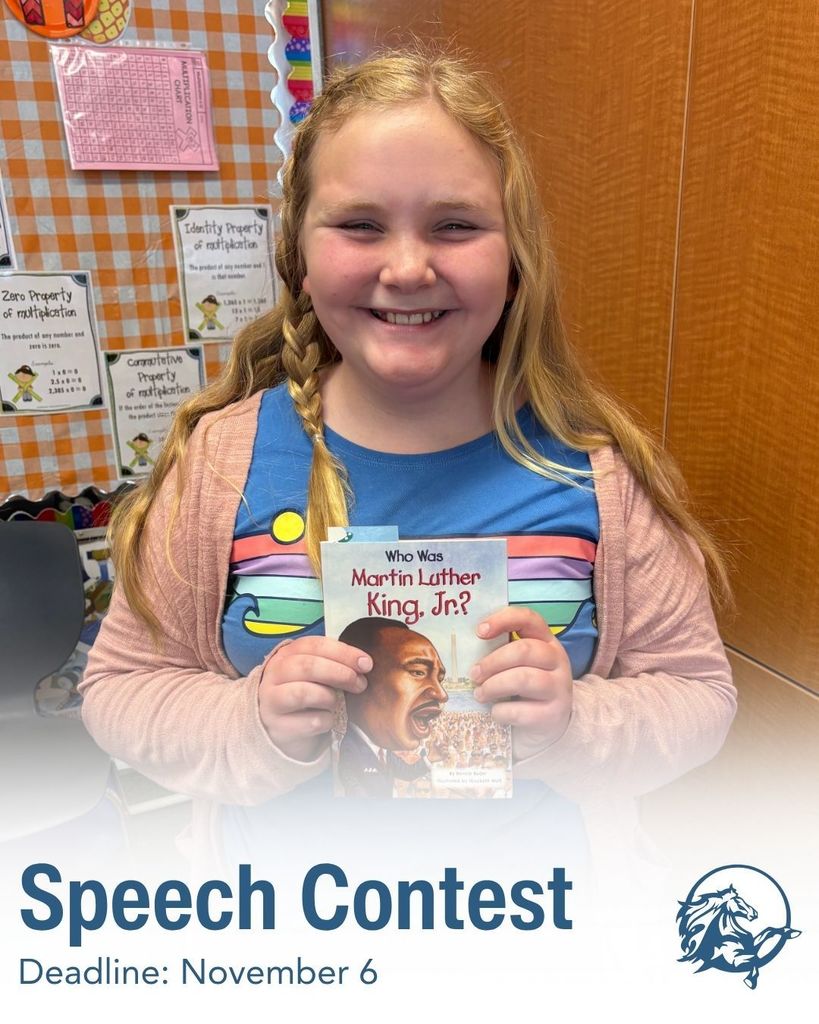 Image of student holding a book called "Who Was Martin Luther King, Jr." Text, "Speech Contest - Deadline November 6" blue and white logo of Taylor Elementary School