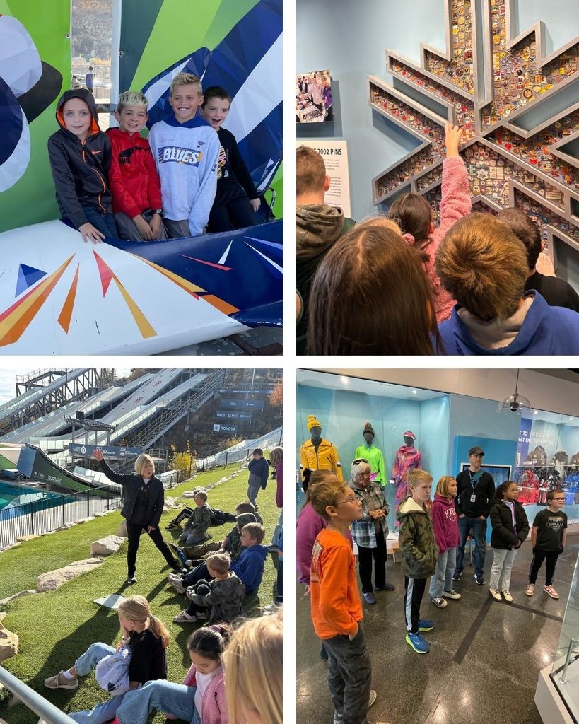 Photo collage of 4th grade students on field trip to Alf Engen Ski Museum