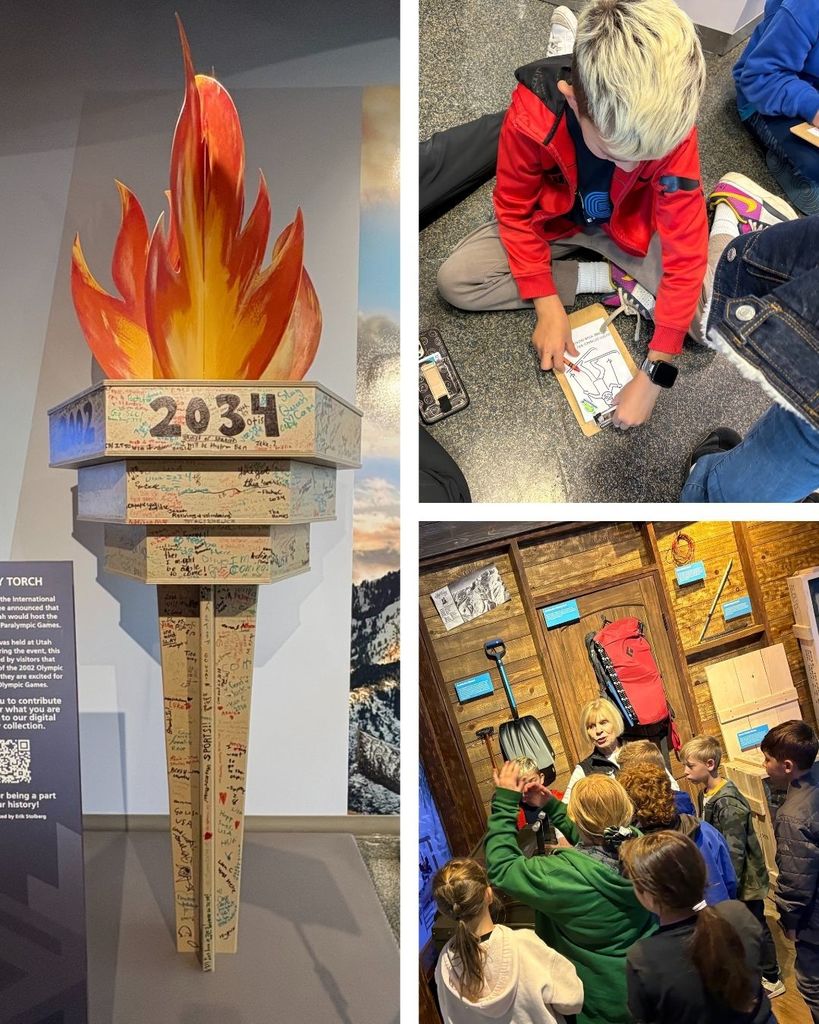 Photo collage of 4th grade students on field trip to Alf Engen Ski Museum