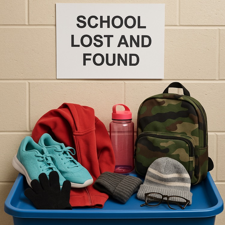 School lost and found with a table and a bunch of items
