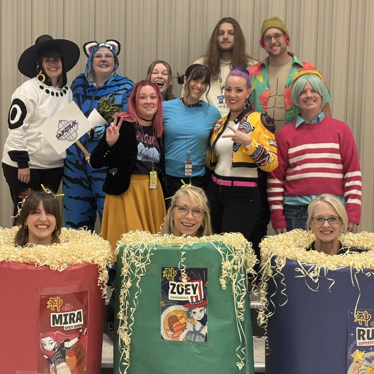 our administration, and Office staff decided to dress up as characters from K-pop demon hunters this year. Here you can see Huntrix, The Saja boys, a Derby tiger, a crow, a super fan, and even some Ramen.