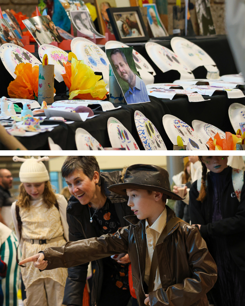 A collage of photos during the morning at Canyon Creek Elementary when students and parents participated in an ofrenda.