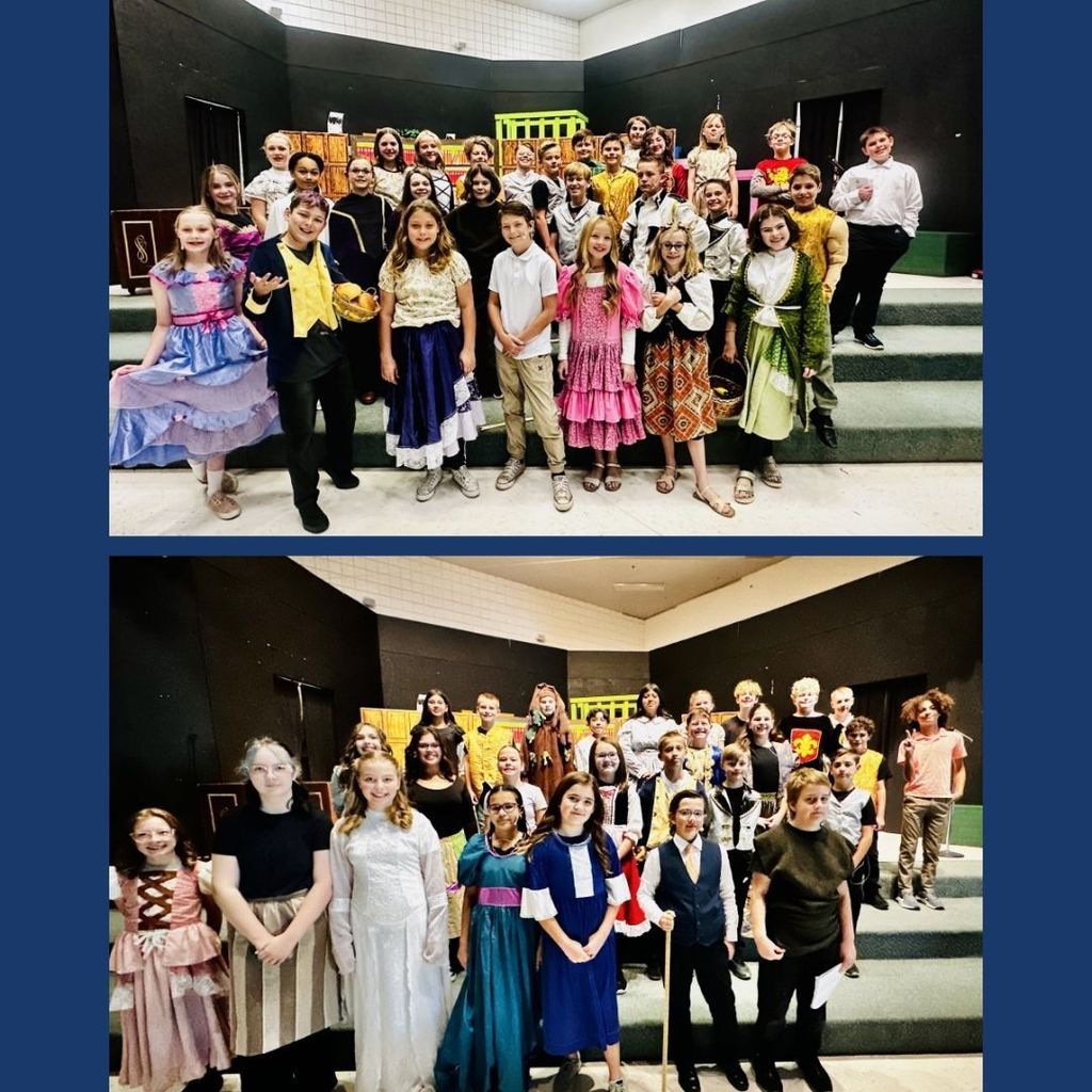 Students on stage dressed in costumes for the Sleepy Hollow Play.
