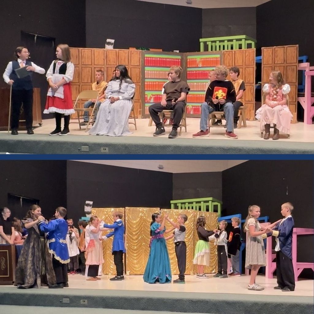 Students on stage dressed in costumes for the Sleepy Hollow Play.