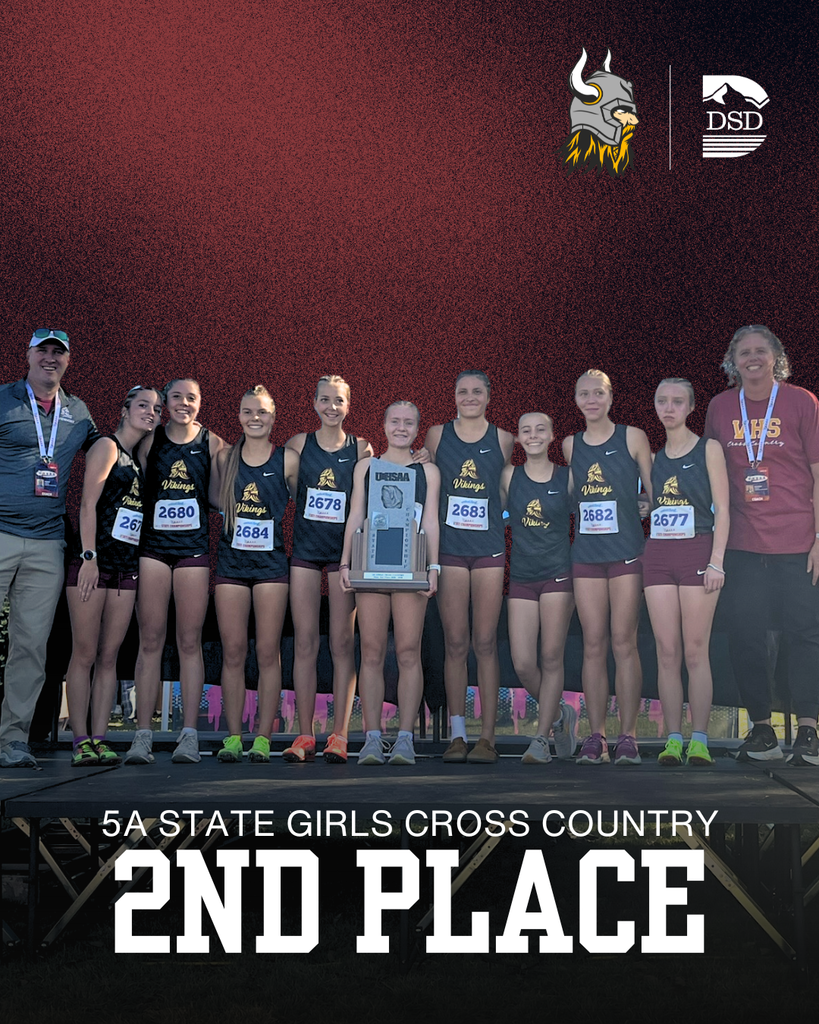 A group photo of the Viewmont High School girls cross country team. There are words that read: 5A state girls cross country 2nd place. 