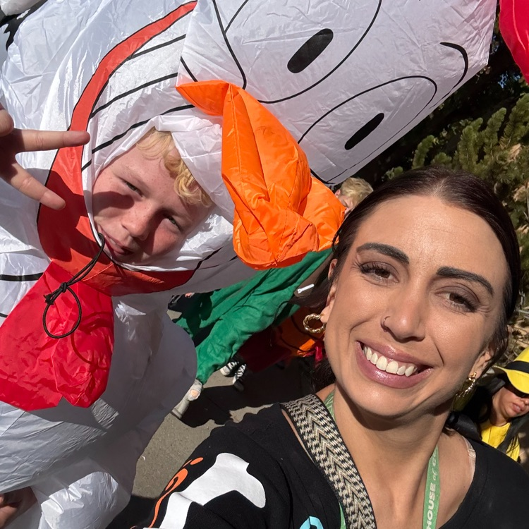 student and teacher posing in costumes for Halloween 