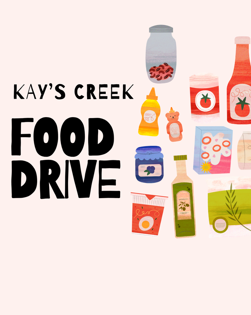 colorful canned food items Kay's Creek Food Drive text
