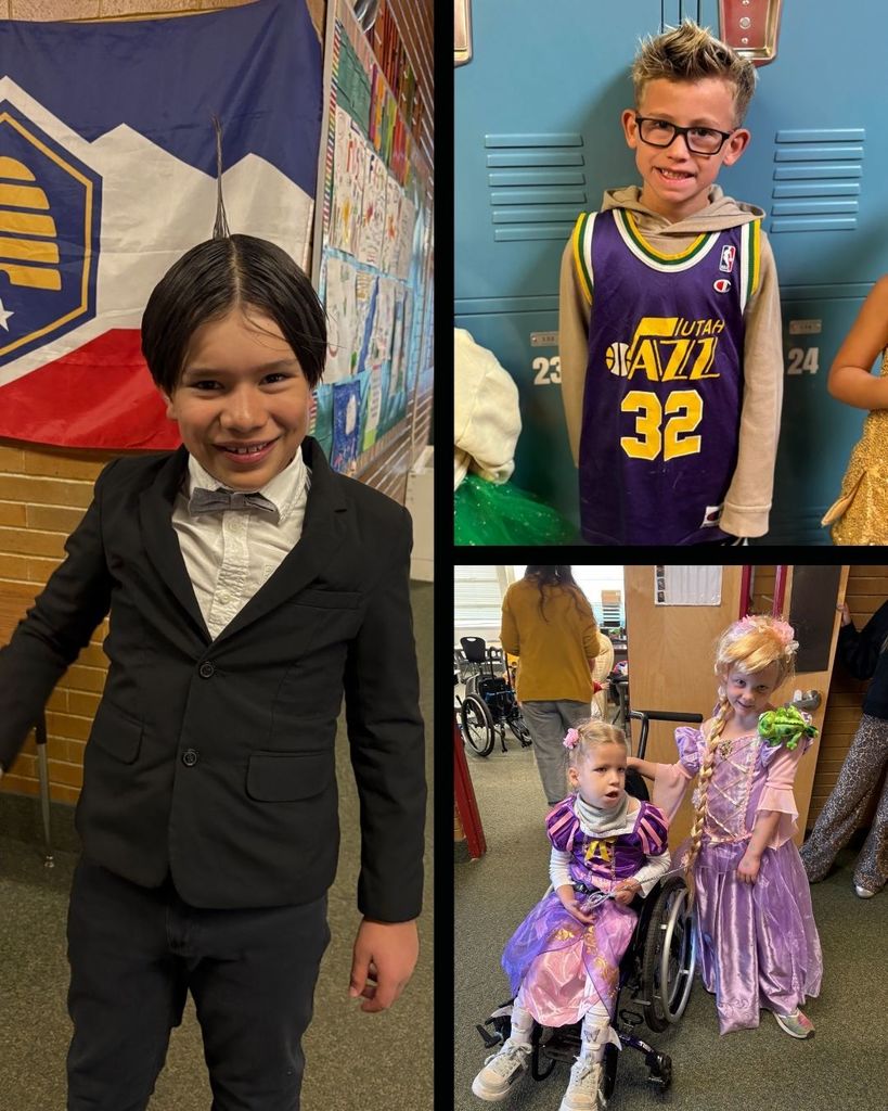 Photo collage of students and staff in costumes. 