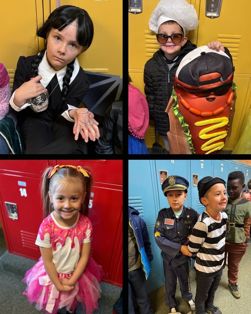 Photo collage of students and staff in costumes. 