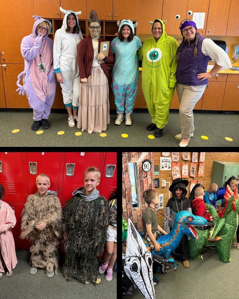 Photo collage of students and staff in costumes. 