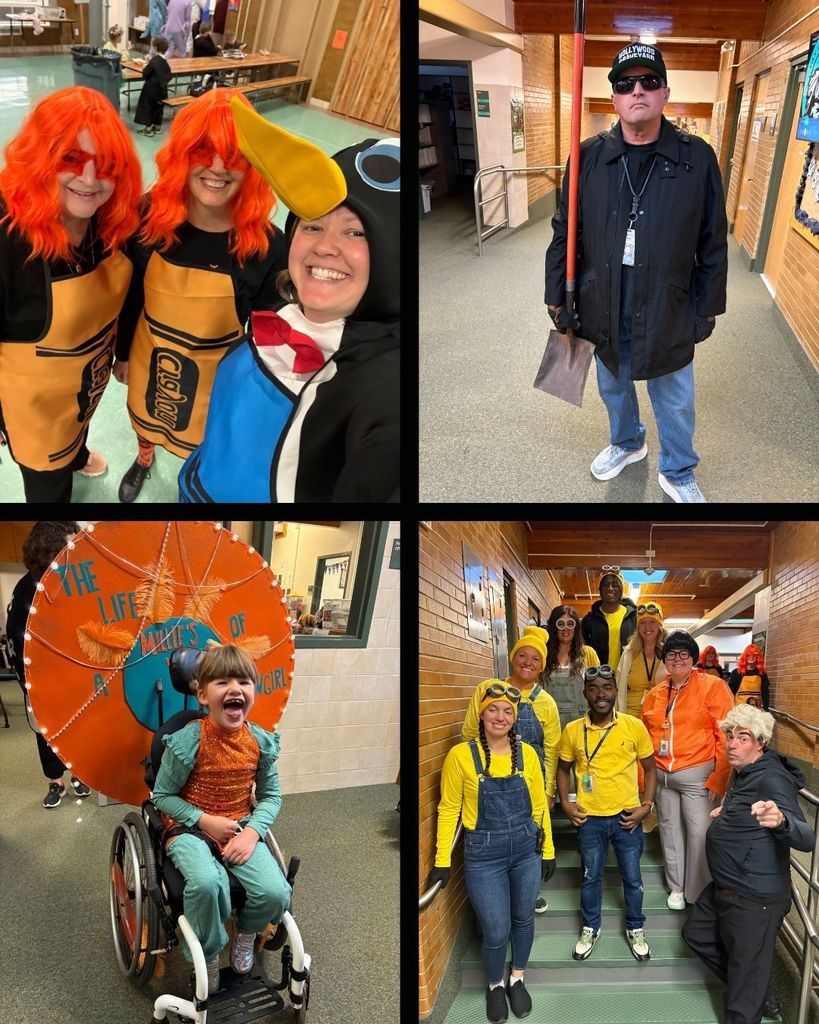 Photo collage of students and staff in costumes. 