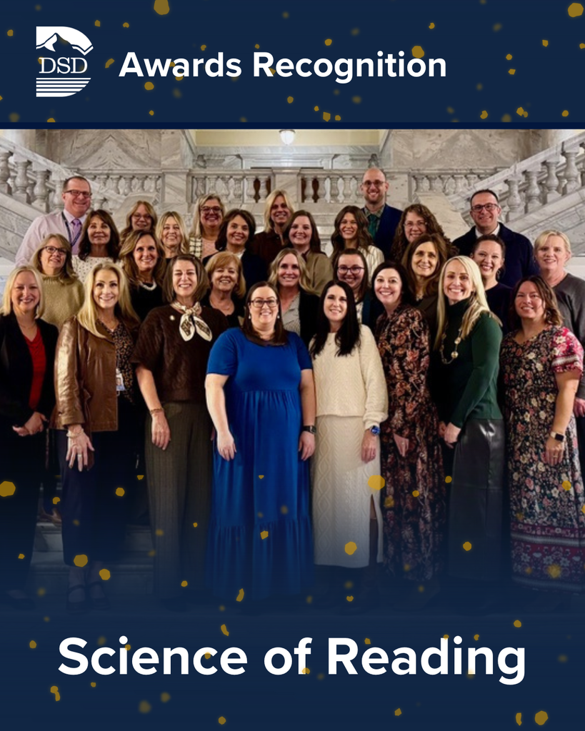 A group of Davis School District employees standing together at the Capitol. Words read: "Awards Recognition Science of Reading" with yellow confetti.