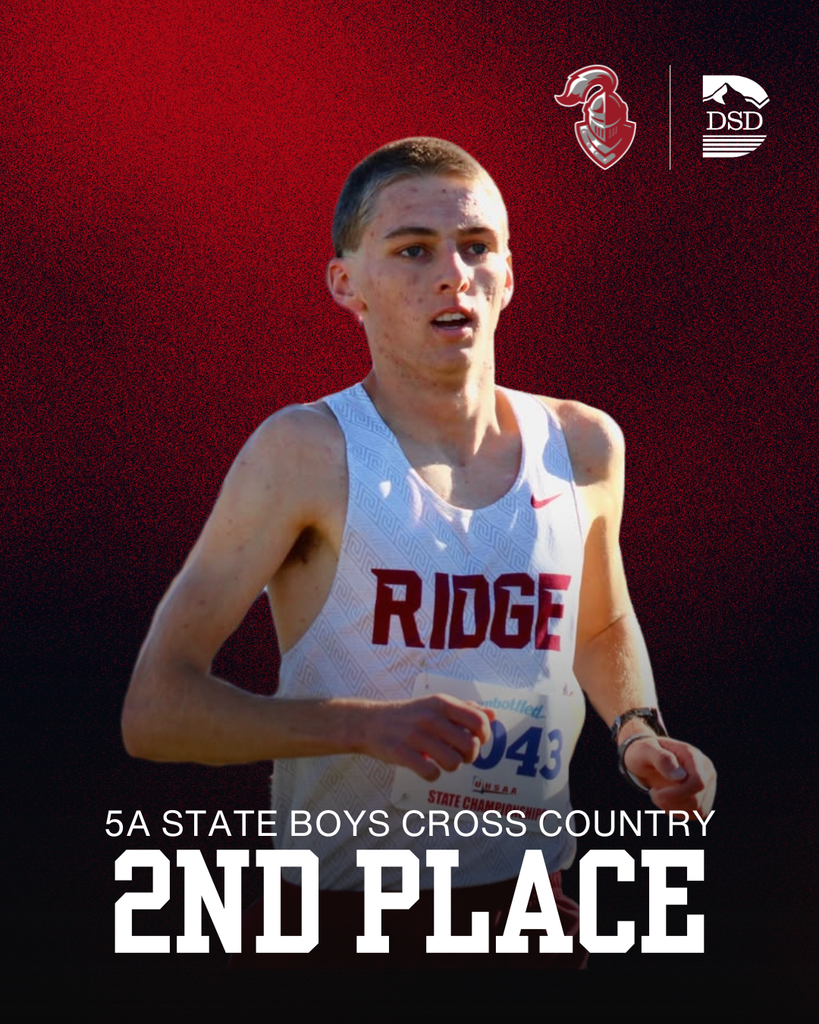 A photo of Jeff Hazard running with words that read: "5A State Boys Cross Country 2nd Place"