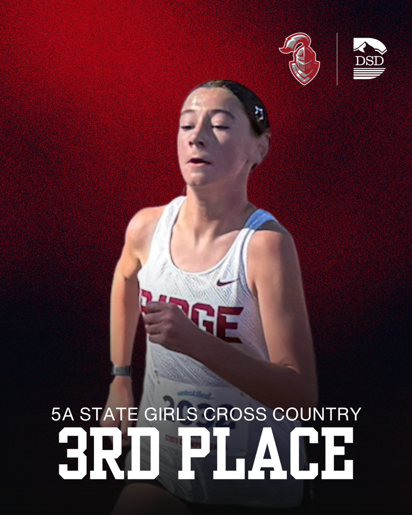 Evelyn Cook from Northridge High running with words that read: "5A State Girls Cross Country 3rd Place."