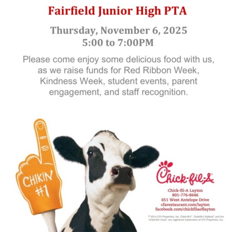 Promotion for FFJH Chick-fil-A Spirit Night tonight from 5-7 pm