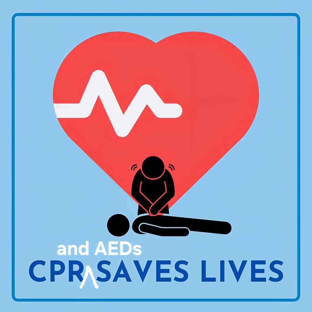 graphic showing a person giving CPR that states CPR and AED saves lives