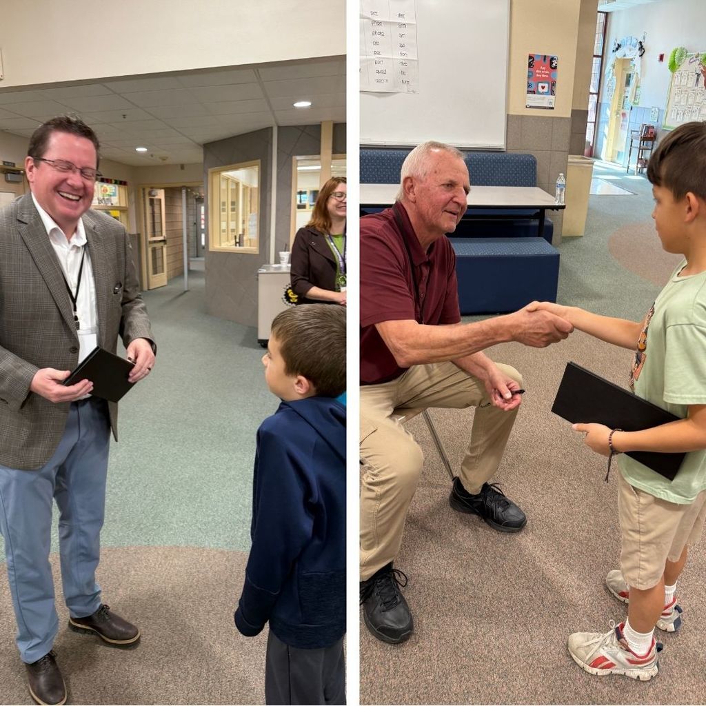 Students shaking hands with adult volunteers in the Amazing Shake Competition.