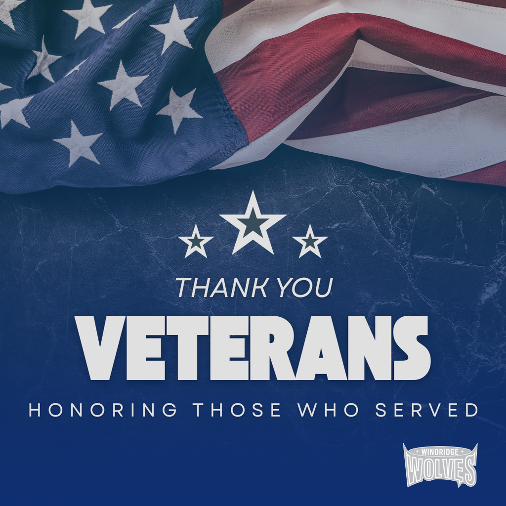 Picture of flag and stars. Thank You Veterans. Honoring Those Who Served. (Windridge Wolves logo)