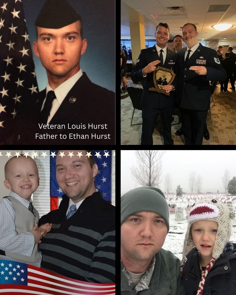 Four photos of a man in military uniform. Two are with his son and one is with a coworker.