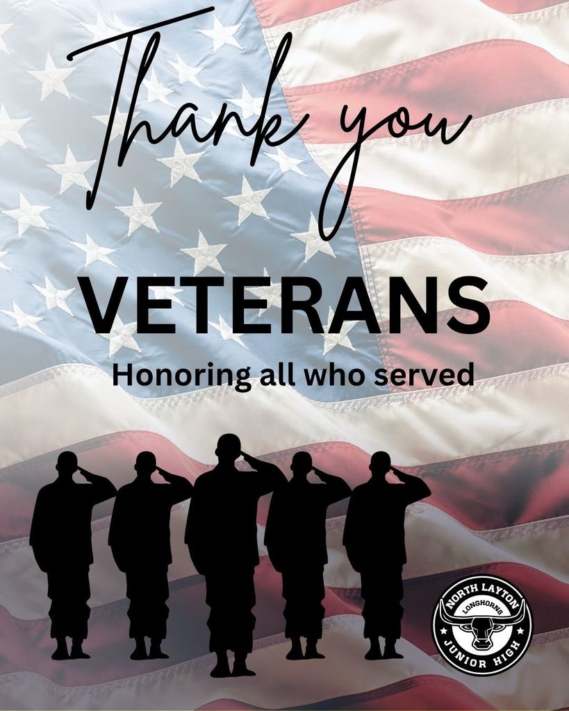 Thank you Veterans. We are honoring all who served. An American Flag background with a graphic of soldiers standing in salute