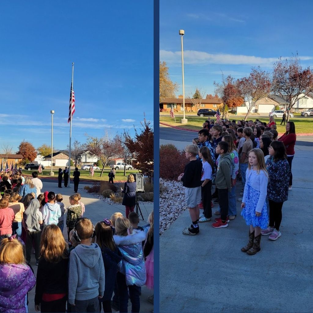 Students gather around an American Flag outside for a flag raising ceremony.