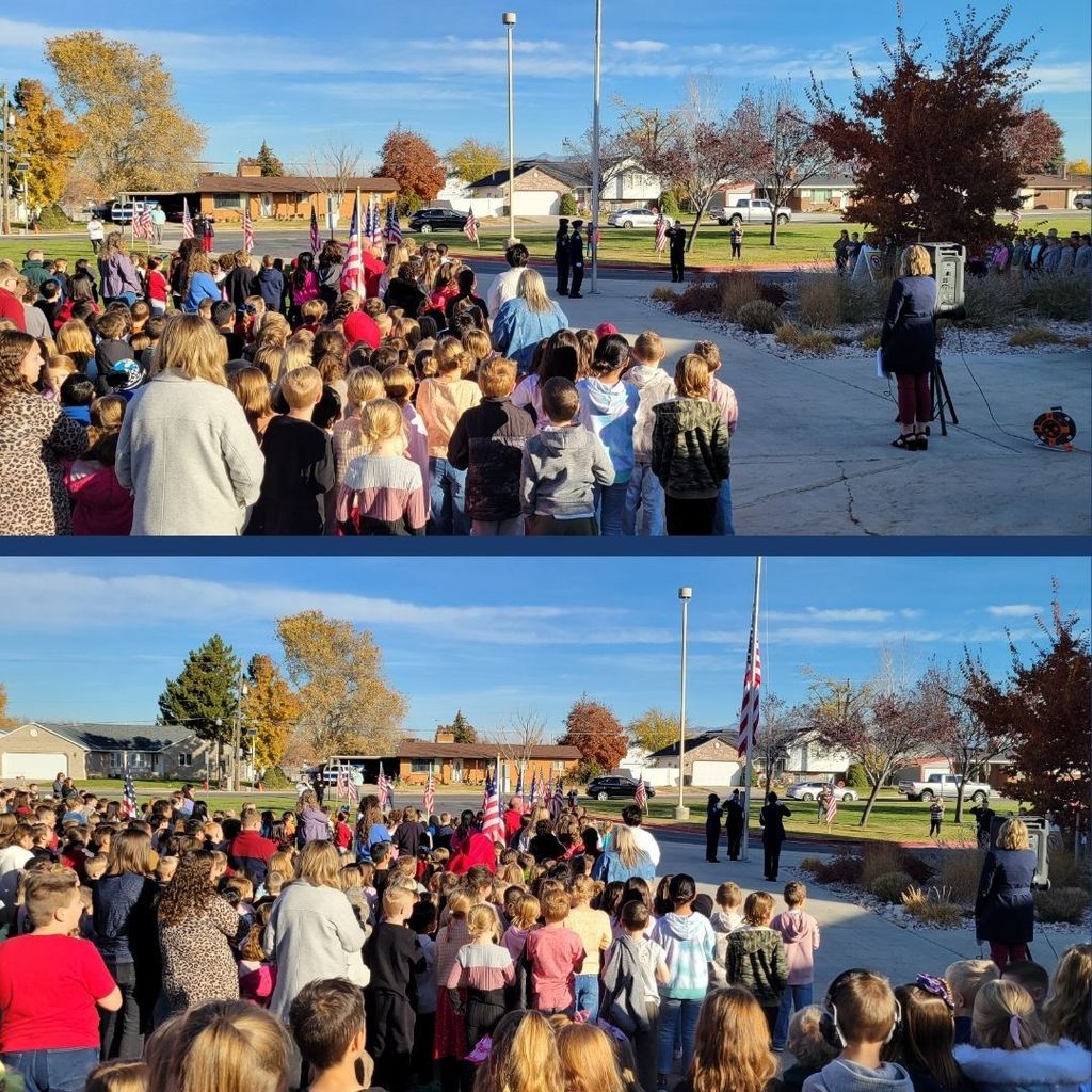 Students gather around an American Flag outside for a flag raising ceremony.