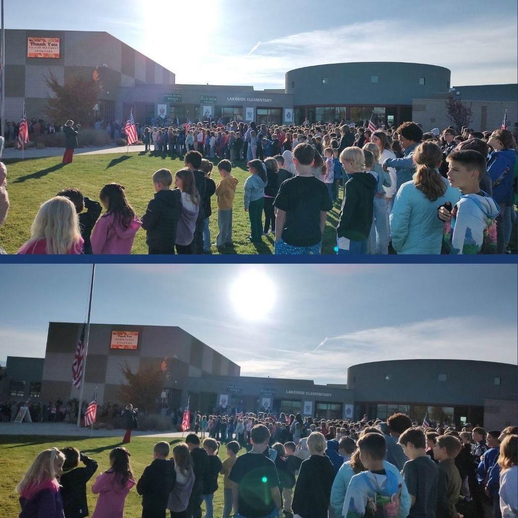 Students gather around an American Flag outside for a flag raising ceremony.