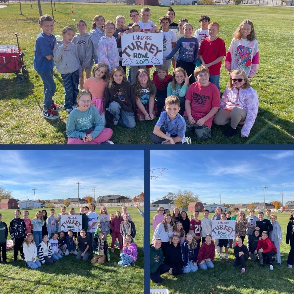 Students in a field holding a sign that says " Lakeside Turkey Bowl 2025".