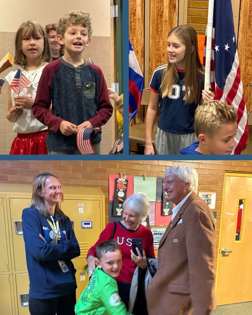 Photo collage of students and family veterans at Veterans Day assembly