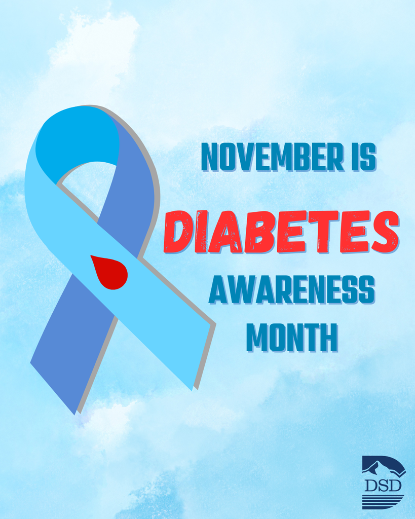 A blue chalk background with a blue ribbon  and text that reads: "November is Diabetes Awareness Month."