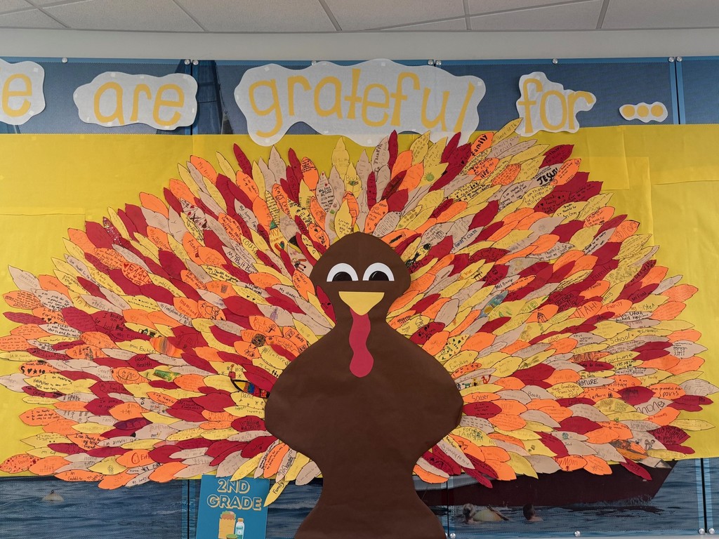 paper turkey filled with paper feather with things students are thankful for