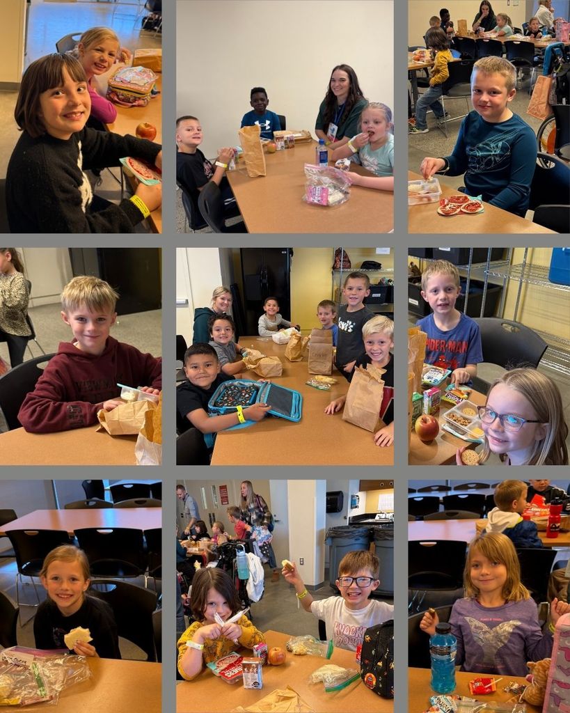 Collage of students eating lunch at the Natural History Museum of Utah.