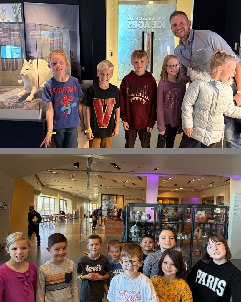 Collage of students exploring exhibits at the Natural History Museum of Utah.