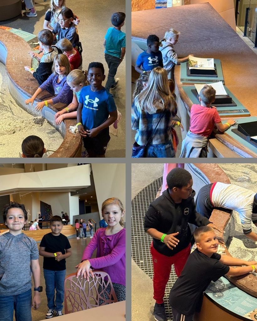 Collage of students exploring exhibits at the Natural History Museum of Utah.