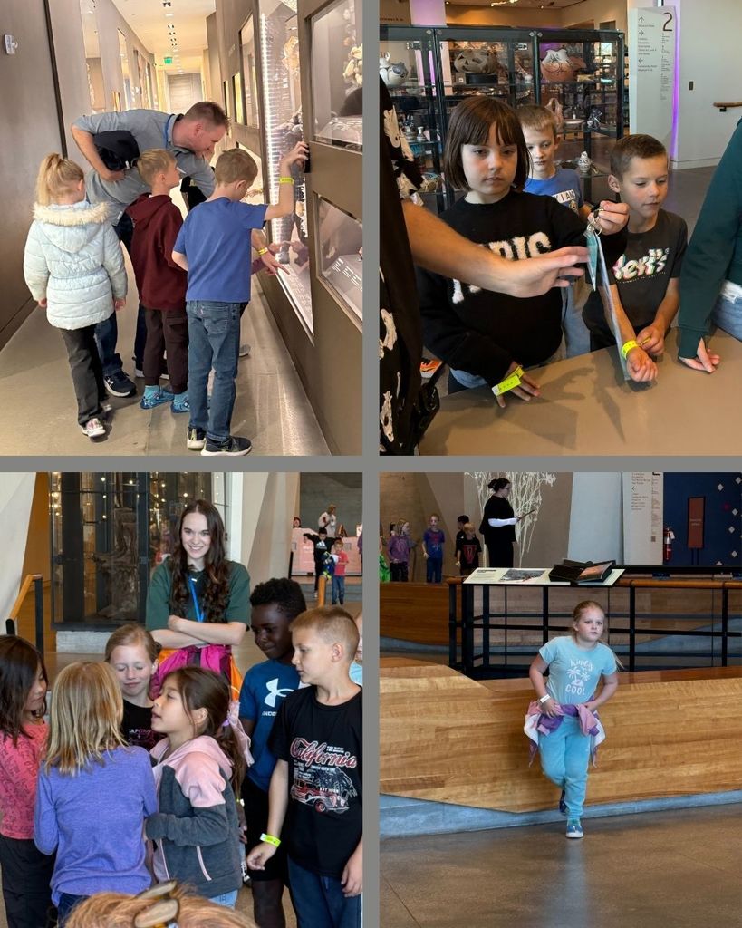 Collage of students exploring exhibits at the Natural History Museum of Utah.