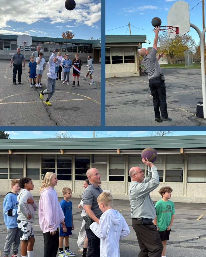Photo collage of students at recess with principal, admin intern, and school resource officer. 