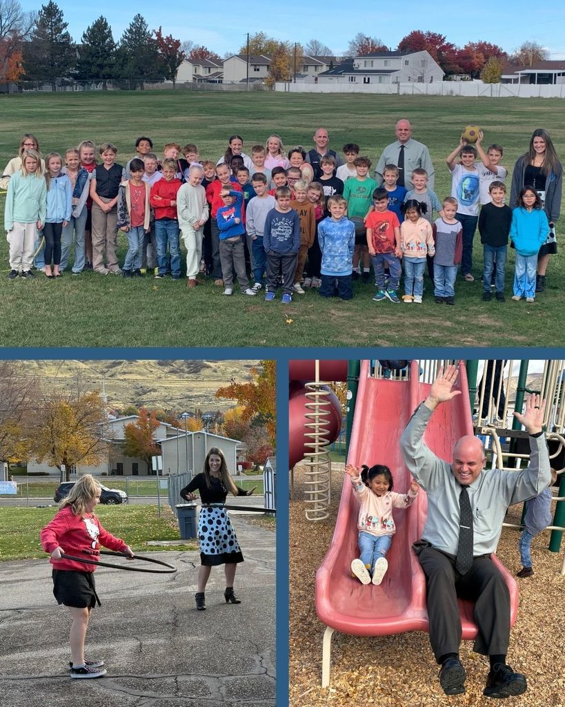 Photo collage of students at recess with principal, admin intern, and school resource officer. 