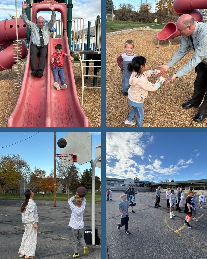 Photo collage of students at recess with principal, admin intern, and school resource officer. 