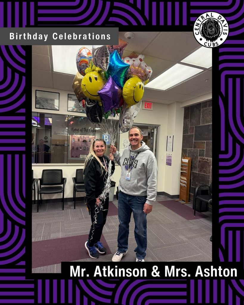 Mr Atkinson and Mrs Ashton Holding Balloons for their birthdays