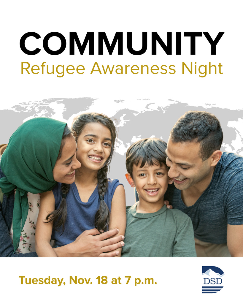A photo of a family smiling. "Community Refugee Awareness Night. Tuesday, Nov. 18 at 7 p.m."