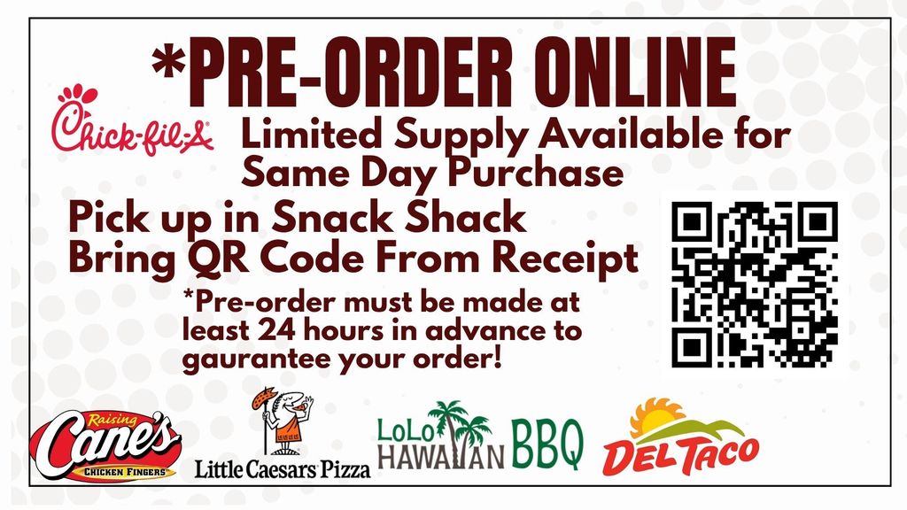 Warriors are Wonderful Lunch Menu Limited Supply Available for Same Day Purchase Pick up in Snack Shack Bring QR Code From Receipt *Pre-order must be made at least 24 hours in advance to gaurantee your order!