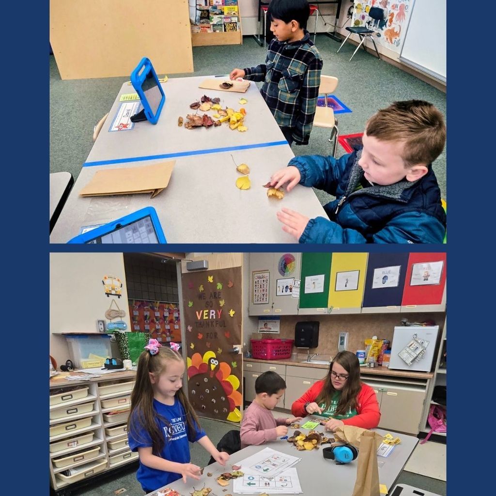 Students working with teachers to create with fall leaves.