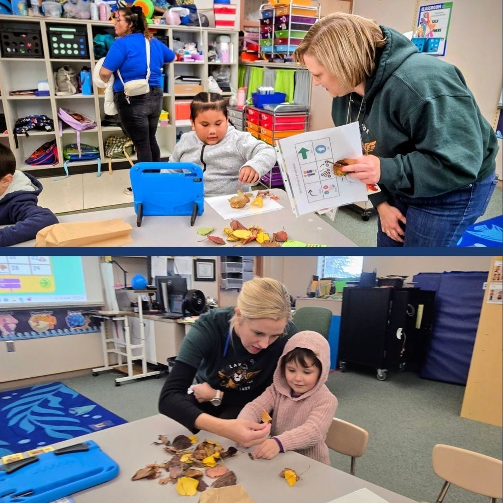 Students working with teachers to create with fall leaves.