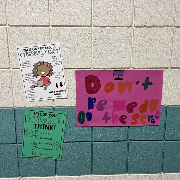 here you see three posters displayed depicting the following statements: before you post, I think, is it true? Is it helpful? Is it inspiring?, is it necessary?, is it kind? As well as the phrase “ don’t be mean on the screen”