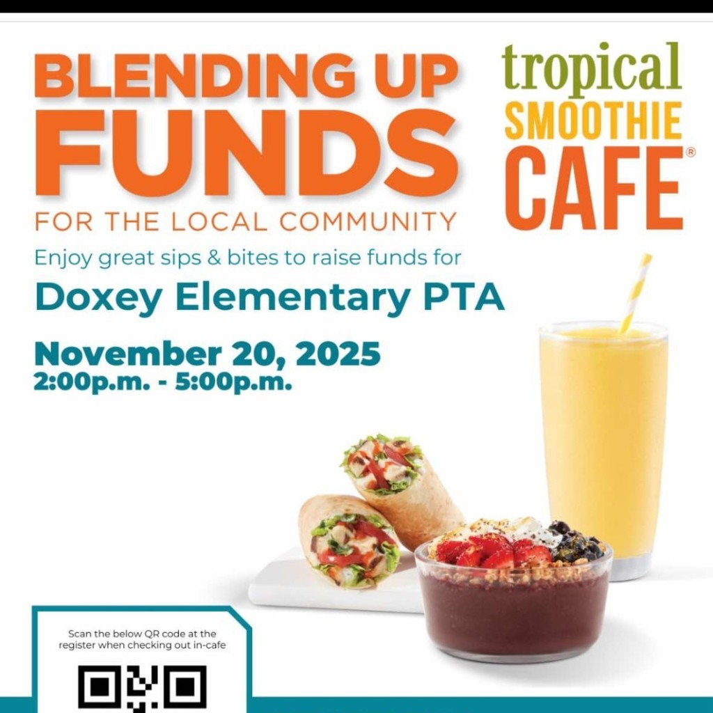 Fundraiser flier titled "Blending Up Funds" for Doxey Elementary PTA, hosted by Tropical Smoothie Cafe. The event is on Thursday, November 20, 2025, from 2:00 p.m. to 5:00 p.m. The cafe will donate 20% of net sales to the organization. The flier displays images of a yellow smoothie, two wraps, and an açaí bowl, along with a large QR code and the promo code TSCGFES for use at the Tropical Smoothie Cafe in Roy, UT.
