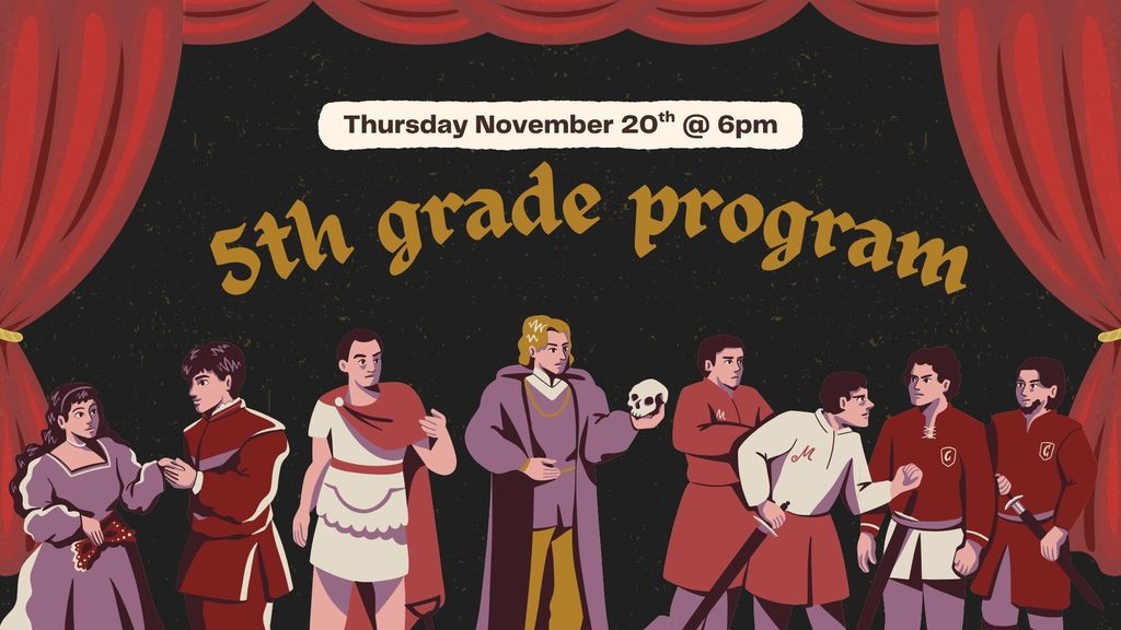 An illustrated stage with Shakespearian actors across it and the text 5th grade program 