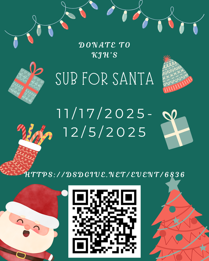 image of qr code, christmas lights, presents, a stocking stuffed with candy canes, a beanie, santa and a christmas tree donate to kjh's sub for santa 11/17/2025-12/5/2025 https://dsdgive.net/event/6836