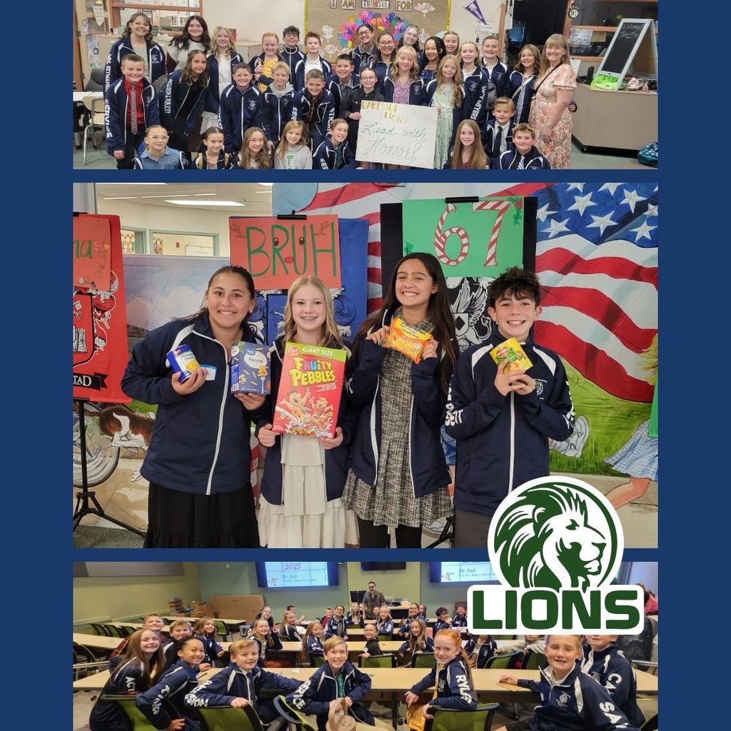 Students in blue council jackets holding cans of food.