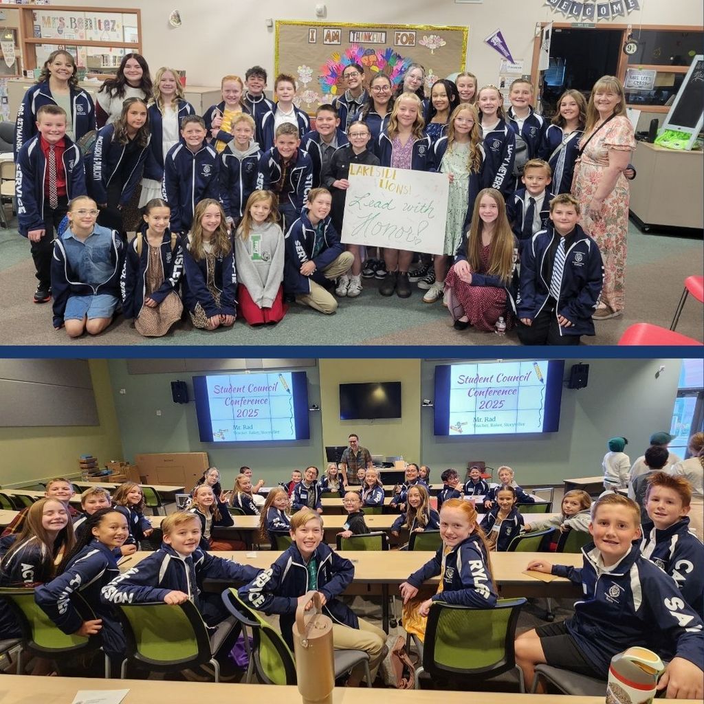 Student Council members wearing blue jackets at a conference.