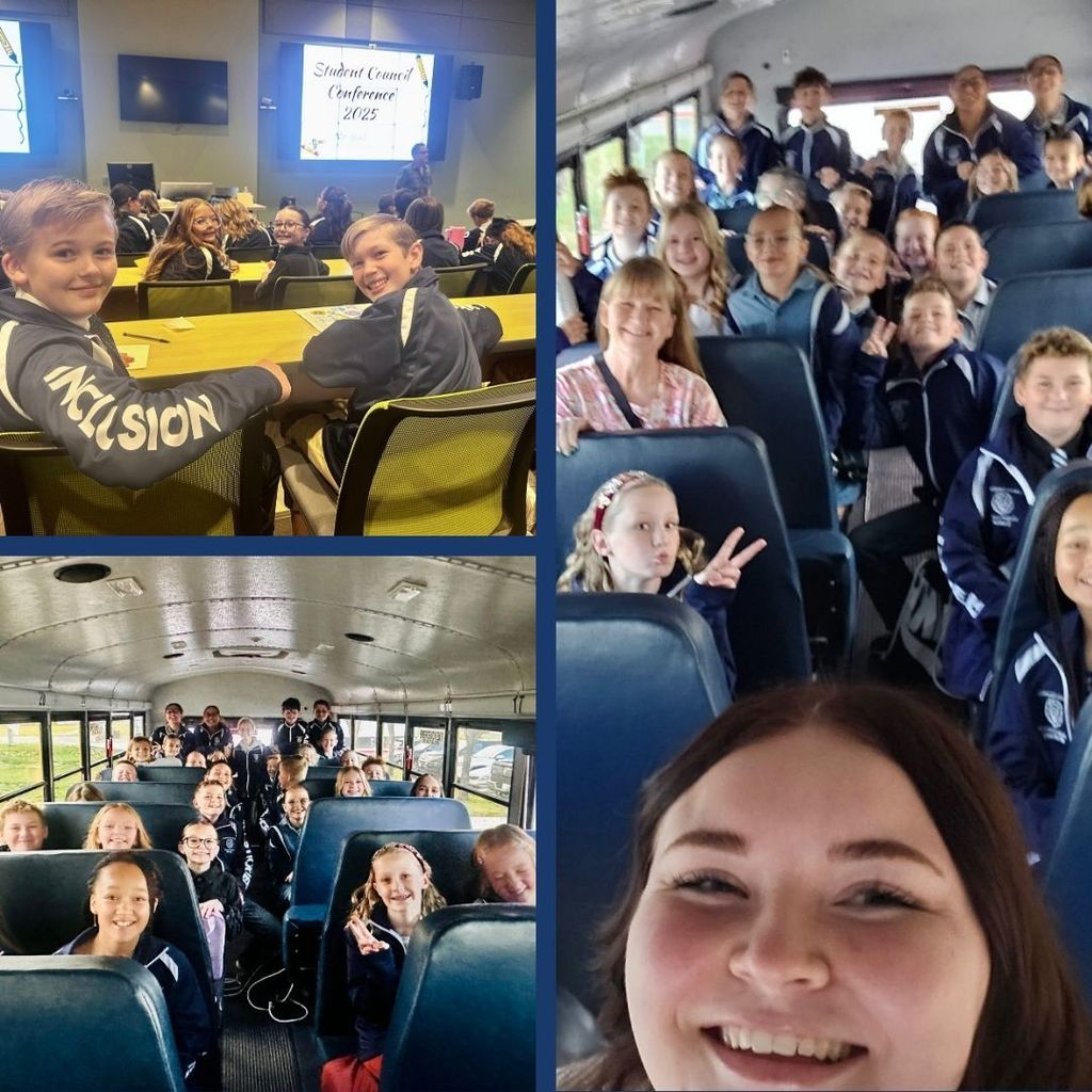 Student Council members in a bus smiling for a selfie.